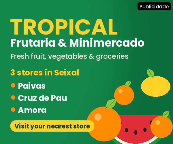 TROPICAL Frutaria & Minimercado advertisement: fresh fruit, vegetables & groceries, 3 stores in Seixal: Paivas, Cruz de Pau, Amora