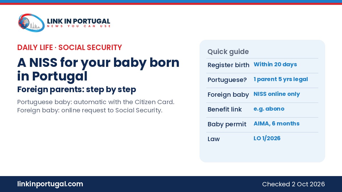 Link in Portugal branded graphic: how to get a NISS for a baby born in Portugal to foreign parents