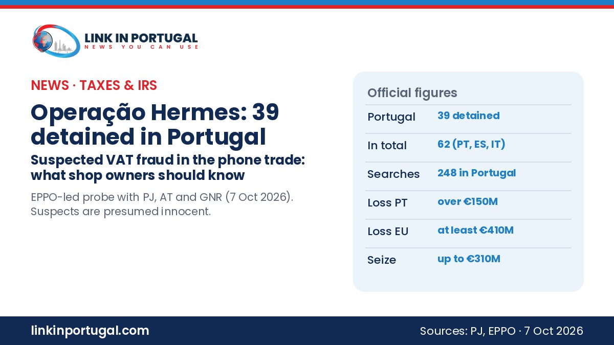 Link in Portugal branded graphic: Operação Hermes, 39 detained in Portugal over suspected VAT fraud in the phone trade, with official figures