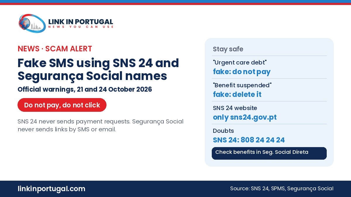Link in Portugal branded graphic: fake SMS using SNS 24 and Segurança Social names, official warnings 21 and 24 October 2026; do not pay, do not click; urgent care debt messages are fake; benefit suspended messages are fake; SNS 24 website only sns24.gov.pt; doubts call SNS 24 on 808 24 24 24