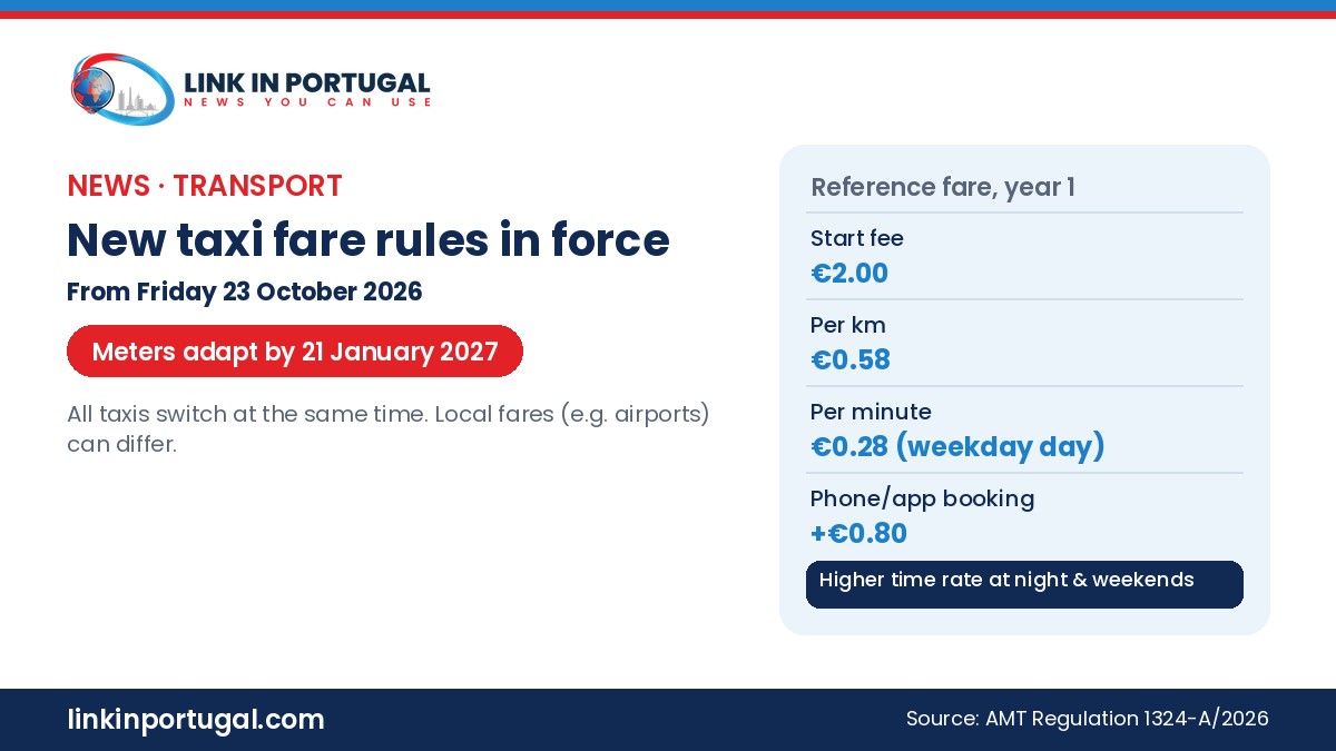 Link in Portugal branded graphic: new taxi fare rules in force from Friday 23 October 2026; reference fare year 1: start fee €2.00, €0.58 per km, €0.28 per minute on weekday daytime, +€0.80 for phone or app booking; higher time rate at night and weekends; meters adapt by 21 January 2027; source AMT Regulation 1324-A/2026